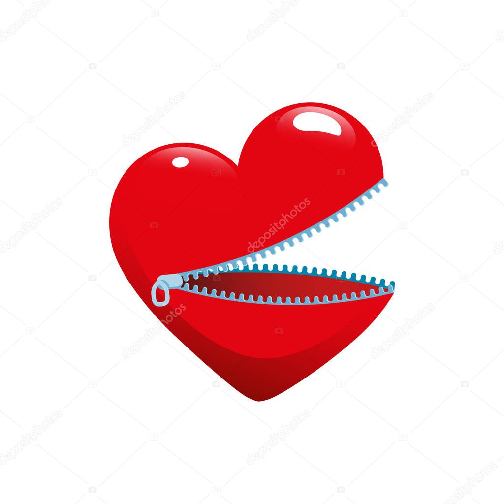 Heart is in the form of an empty casket with a unbuttoned zipper. Open symbol of love in a Heart shape, element for a greeting card or illustration for St. Valentine's Day, logo, banner, web. Vector