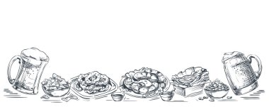 Bira ve snack menü tasarımı, banner. Köpük bardaklar ve yemek, cips, sosis, patates kızartması, fındık, soğan, kızarmış kalamar bir kümesiyle bardak alkol içiyor. Geniş yatay vektör arka plan