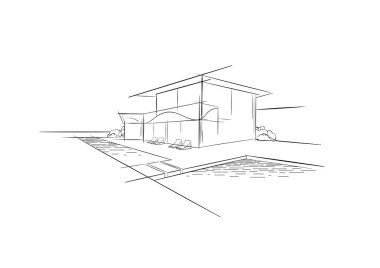 Beach house Gayrimenkul Kiralama logo. Afiş sahil lüks villa. Yüzme Havuzu ve Deniz Manzaralı hafta sonu ve tatillerde eve. Modern mimari tatil bina kroki, elle çizilmiş vektör