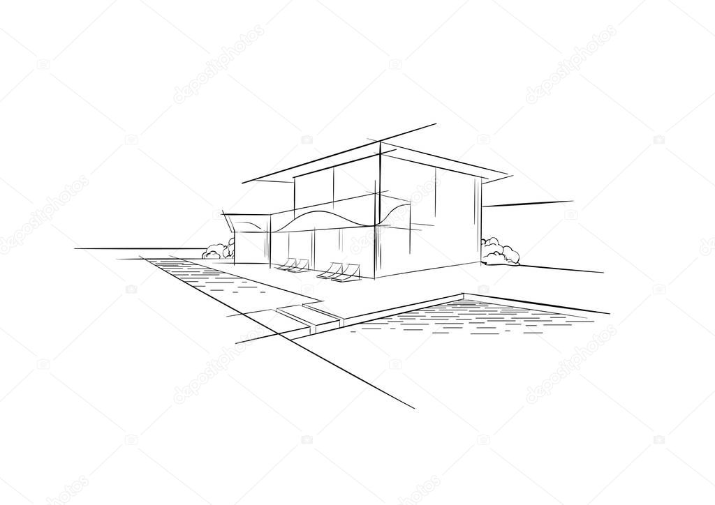 Beach house Real estate rental logo. Banner beachfront  Luxury villa. Home with swimming pool and sea view for weekend and holidays. Modern architecture Vacation building sketch, hand drawn vector