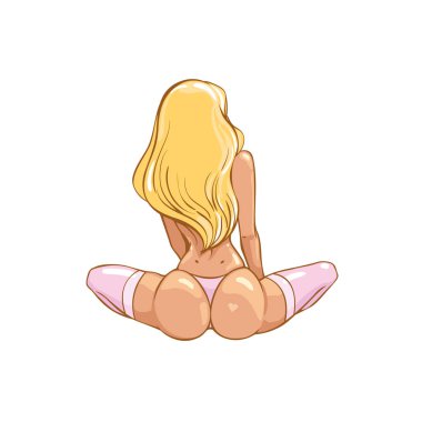 Cross-legged, arka görünümü oturan bir yuvarlak popolu kız çorap ve tanga iç çamaşırları. Seksi kalça ve sportif rakam olan kadın. Erotik kadın siluet kalça ile kalp dövme. Vektör