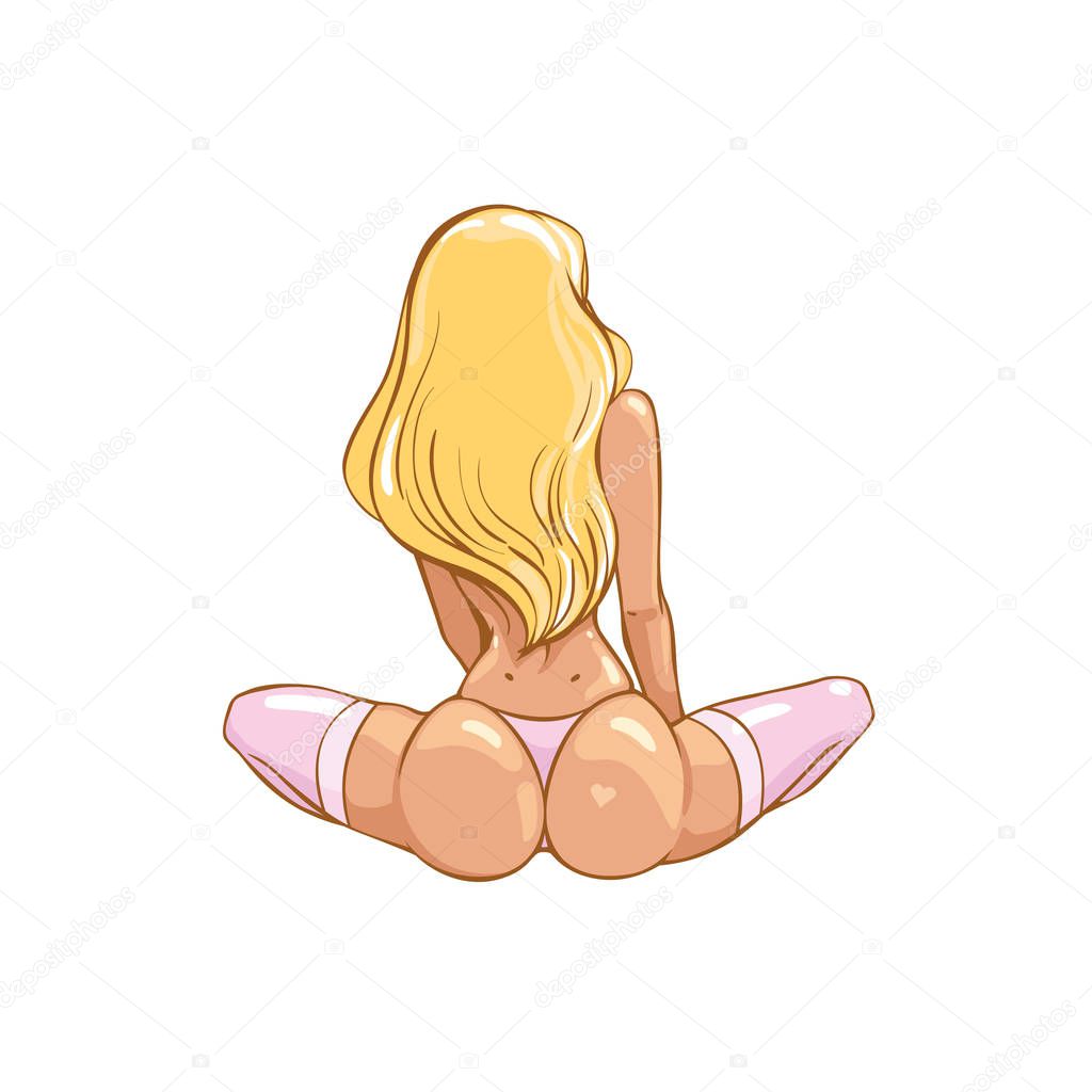 Girl in stockings and Thong Undergarments, with a round ass sitting cross-legged, back view. Woman with sexy buttocks and sporty figure. Erotic female silhouette With hip tattooed heart. Vector