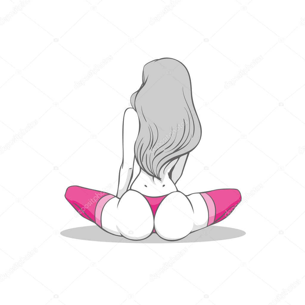 Girl in pink stockings and bikini, with a round ass sitting cross-legged, back view. Woman with sexy buttocks, hips and sporty figure. Erotic female silhouette, Gray-white character. Vector