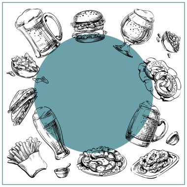 Barlar, barlar, tavernalar ve grafik öğeleri ile restoran için vintage tarzı bira menü şablonu tasarım. Gözlük, kupalar tekne ile içecek, atıştırmalık ve gıda el çizilmiş kroki malt. Kare biçimi, vektör