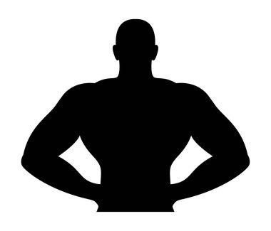 Kas spor adam silüeti. İle ayakta vücut geliştirmeci kalça, vücut gövde, düz fitness ve spor idolü eller. Sağlık bakım atletik adam Logo. Siyah vektör nesnesi izole