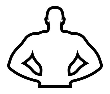 Kas spor erkek vücut geliştirmeci ile ayakta silüeti kalça, vücut gövde, düz fitness ve spor idolü eller. Sağlık bakım atletik adam Logo. Siyah anahat izole vektör nesnesi