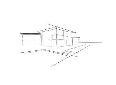 Beach house Gayrimenkul Kiralama logo. Afiş sahil lüks villa. Yüzme Havuzu ve Deniz Manzaralı hafta sonu ve tatillerde eve. Modern mimari tatil bina kroki, elle çizilmiş, vektör