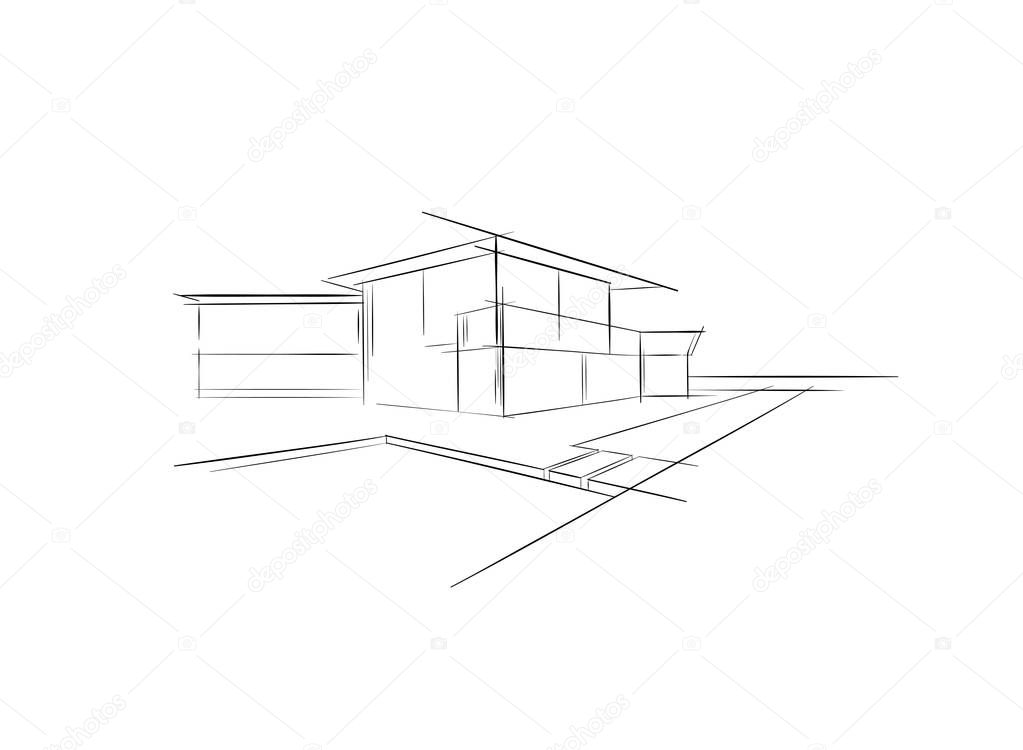 Beach house Real estate rental logo. Banner beachfront  Luxury villa. Home with swimming pool and sea view for weekend and holidays. Modern architecture Vacation building sketch, hand drawn, vector