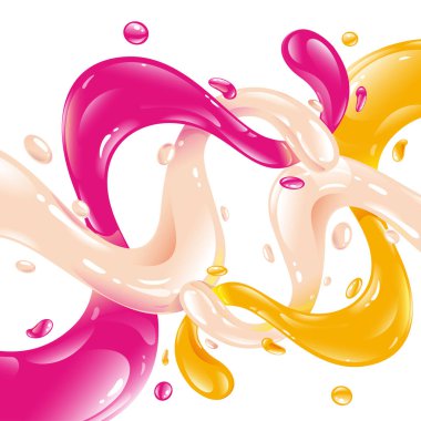 Portakal suyu, süt ve meyve şurubu sıçraması. Farklı tadı parlak çok renkli sıvı akışı. Pembe, sarı, turuncu, beyaz ve krem akışı. Hacimsel dökülen suları. İzole vektör 