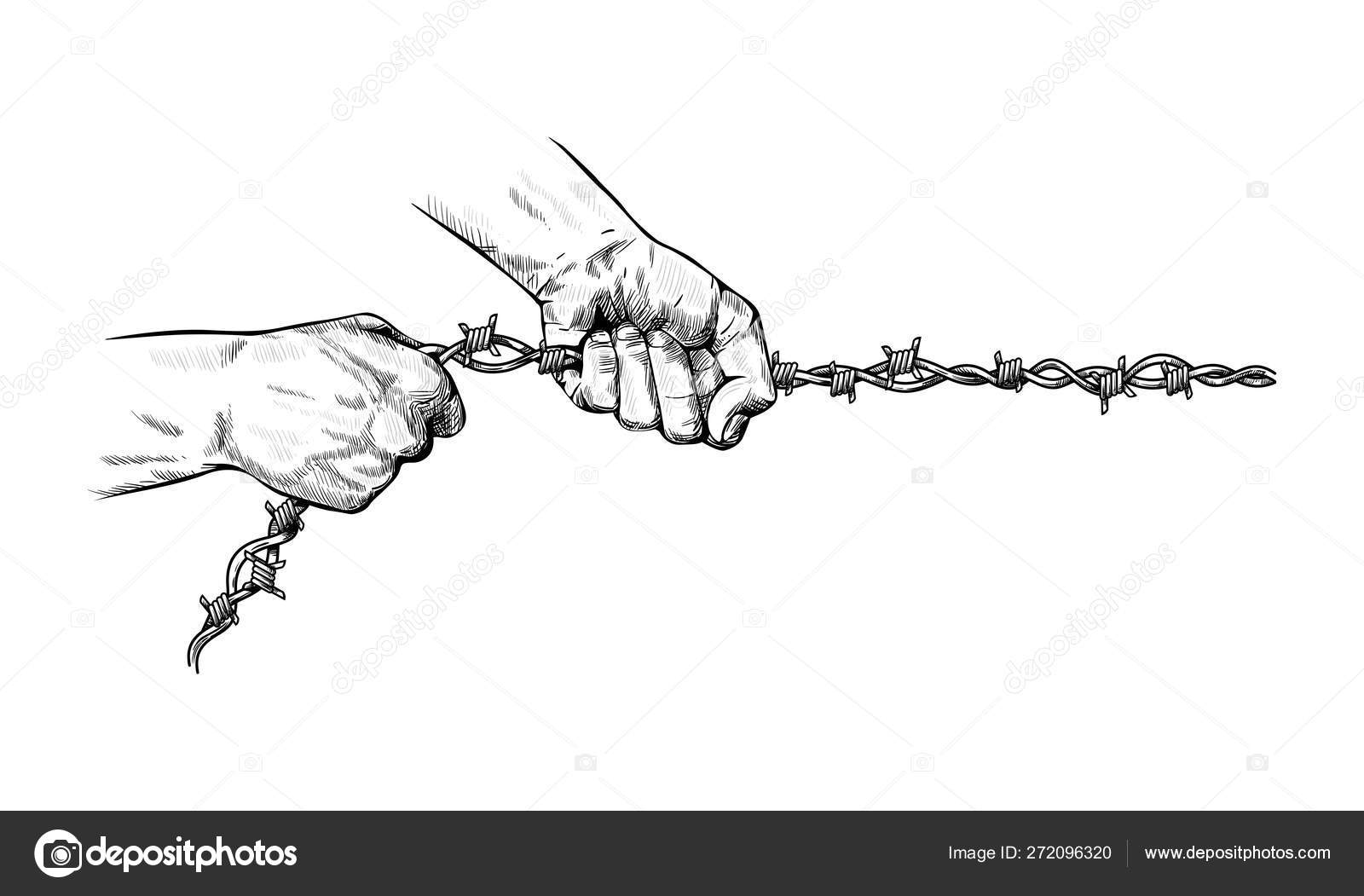 Male Hands Strongly Squeeze Pull Metal Barbed Wire Rope Symbol — Stock ...