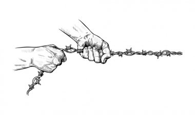 Erkek elleri güçlü sıkmak ve bir ip olarak metal dikenli tel çekin, kölelik sembolü, bağımlılıklar, yasaklama, bağımlılıktan kurtuluş. Elle çizilmiş vektör. Sağ için mücadele kavramı 