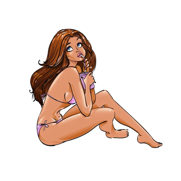 Jovencita Sexy Bikini Lencería Con Una Mirada Pensativa Ensueño Sienta — Vector de stock