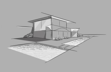 Beach house Emlak kiralama logosu. Sahil Lüks villa. Hafta sonu ve tatiller için yüzme havuzu ve deniz manzaralı ev. Modern mimari Tatil bina afişi, el çizilmiş kroki, vektör
