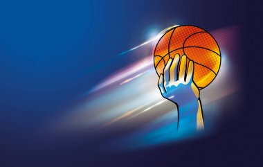 Adamın eli hareket halinde, bir sıçrama içinde topu basketbol çemberine koyuyor. Oyuncu avuç içinde topu tutun. Takım oyunu, turnuva puanı tabloları, iniş, haber, afiş şablonu için spor karanlık arka plan 