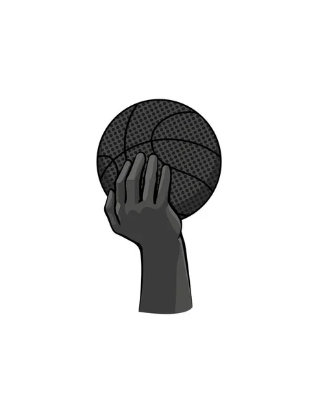 Logotipo Basquetebol Mão Homem Coloca Bola Cesto Jogador Desportista Segura — Vetor de Stock