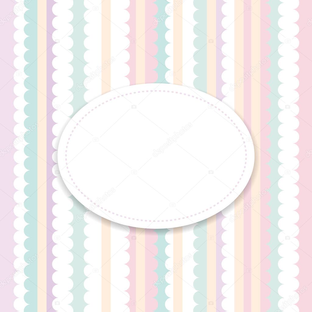 Square background in a pastel colors, lilac pink, yellow, green shades with oval empty place for an inscription. Frame for the photo album cover, greeting card, girl baby shower invitation , Vector