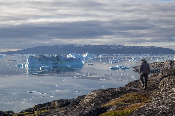 Hombre mirando icebergs en Rodebay, Groenlandia — Foto de Stock