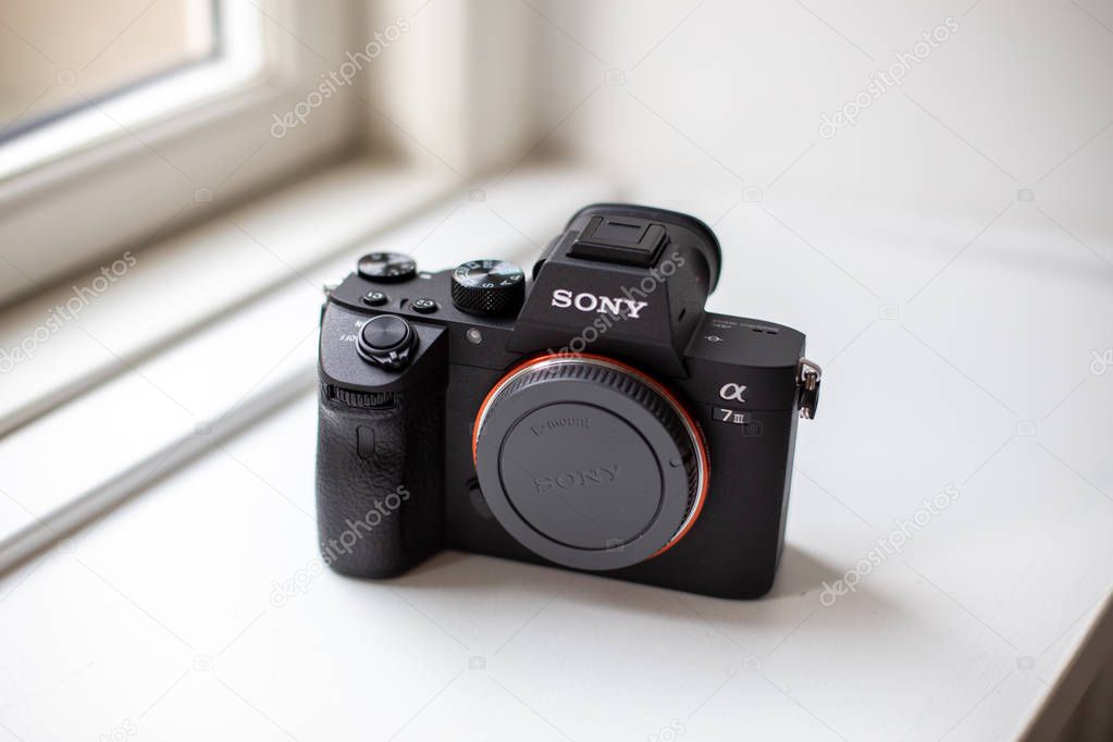 Copenhagen, Denmark - August 28, 2019: Close-up of a brand new Sony A7iii mirrorless camera.