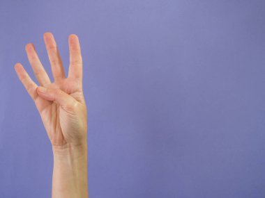 Dört parmak mor arka plan ve kopya spa kaldırdı el