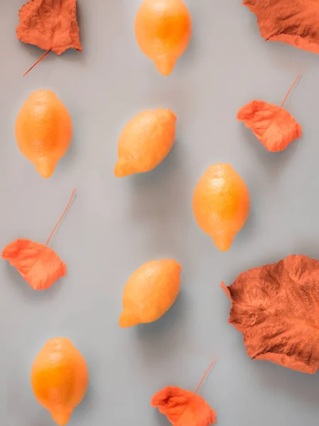 Limones naranja y patrón de hojas de otoño sobre fondo gris —  Fotos de Stock