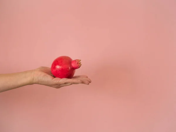 コピースペース付きのピンクの背景にザクロを持つ手 — ストック写真