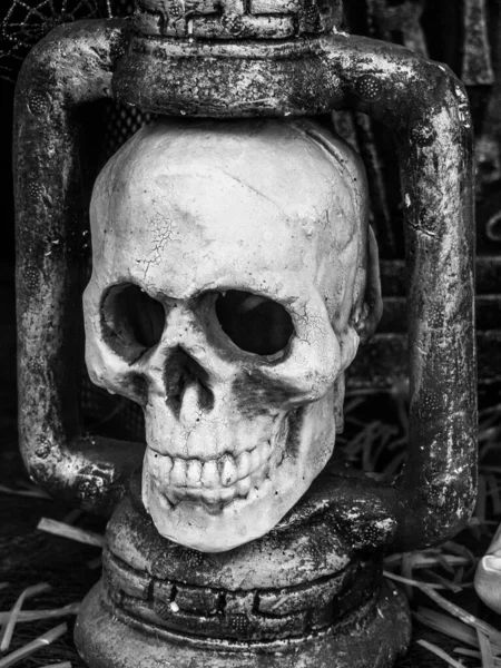 Cráneo y linterna en blanco y negro — Foto de Stock