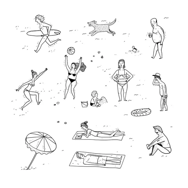 Colección Personas Dibujadas Mano Playa Ilustraciones Vectoriales Estilo Sketch Doodle — Archivo Imágenes Vectoriales