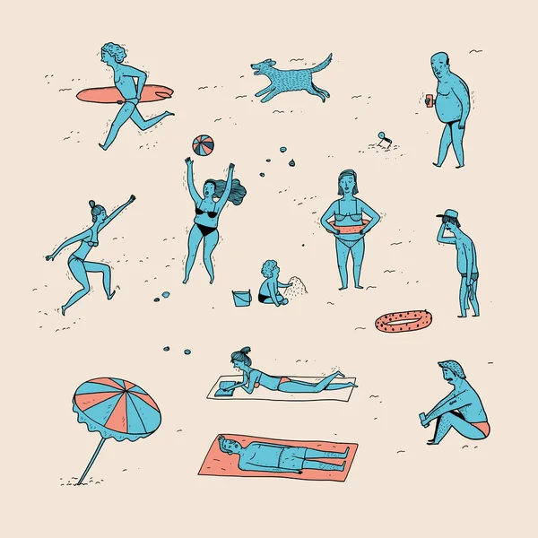 Sammlung Handgezeichneter Menschen Strand Vektor Illustrationen Skizzen Doodle Stil — Stockvektor