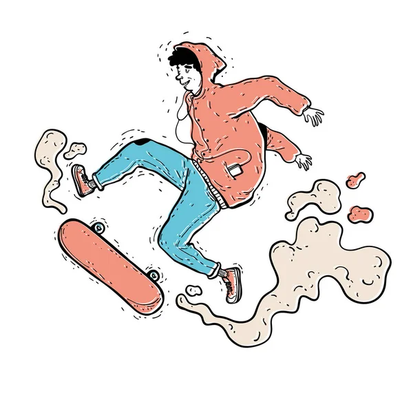 Kapüşonlu Sweatshirt Kot Teen Skater Bir Demiryoluna Bir Kaykay Üzerinde — Stok Vektör