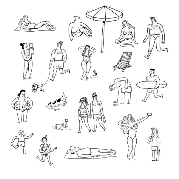 Colección Personas Dibujadas Mano Playa Ilustraciones Vectoriales Estilo Sketch Doodle — Archivo Imágenes Vectoriales