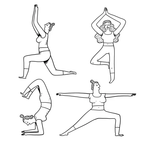 Colección Ejercicios Yoga Dibujados Mano Posa Para Mujeres Ilustraciones Vectoriales — Vector de stock