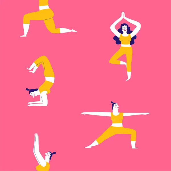 Sammlung Handgezeichneter Yoga Übungen Für Frauen Vektor Illustrationen Skizzen Doodle — Stockvektor