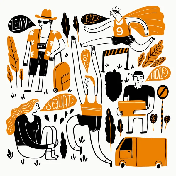 İlettiği çizim el. Yaşam tarzı ve görünümü. Elle çizilmiş topluluğu. Vektör çizim kroki doodle tarzı, boya konturları, yarı soyut, hatlarını ve yoğun renk kullanma.
