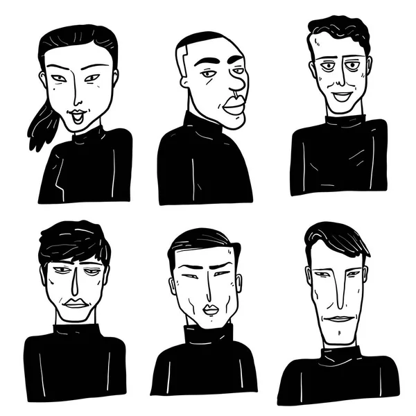 收集不同的手绘面孔在黑色和白色与涂鸦样式 向量例证 — 图库矢量图片