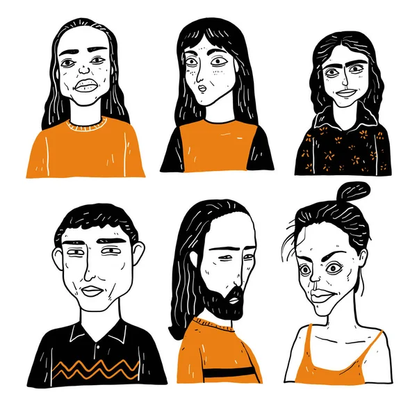 Coleção Diversas Faces Desenhadas Mão Preto Branco Com Estilo Doodle —  Vetores de Stock