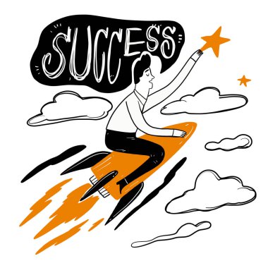 Yıldız, metafor liderlik başarısı kurumsal çözümler kapmak için hızla bulutların arasından bir roket kişini. Vektör çizim doodle stili