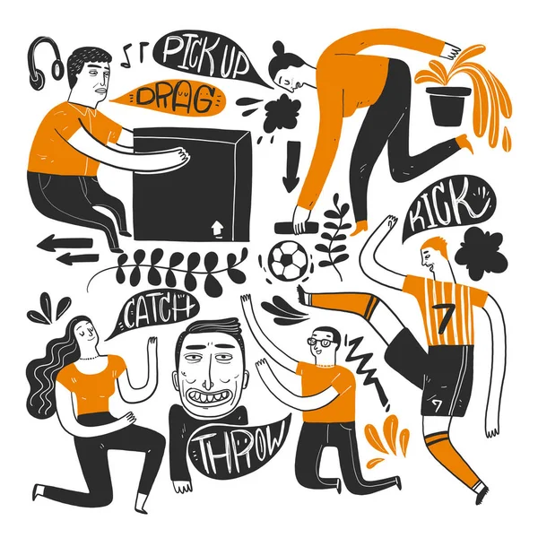 İlettiği çizim el. Yaşam tarzı ve görünümü. Elle çizilmiş topluluğu. Vektör çizim kroki doodle tarzı, boya konturları, yarı soyut, hatlarını ve yoğun renk kullanma.