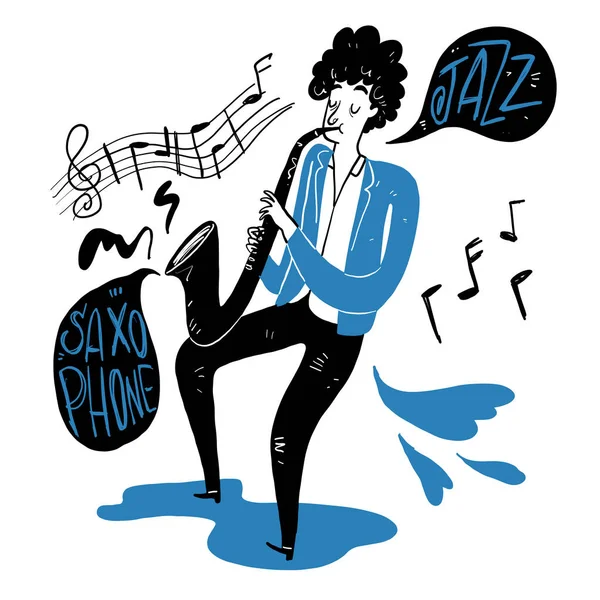 Ein Mann Bläst Saxofon Vektor Illustration Doodle Stil — Stockvektor