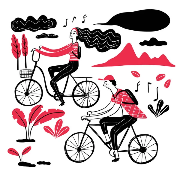手描きのコレクション 公園でのサイクリングのカップル スケッチ落書き風のベクトル図 — ストックベクタ