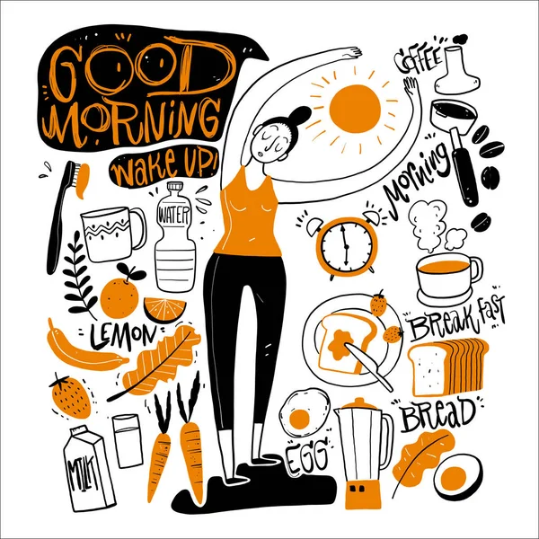El sabah çekilmiş topluluğu. Vektör çizim kroki doodle tarzı.