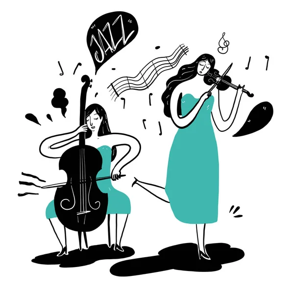 Handzeichnen Frauen, die Musik spielen. — Stockvektor