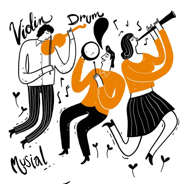 Hand tekening van de muzikanten spelen muziek. — Stockvector