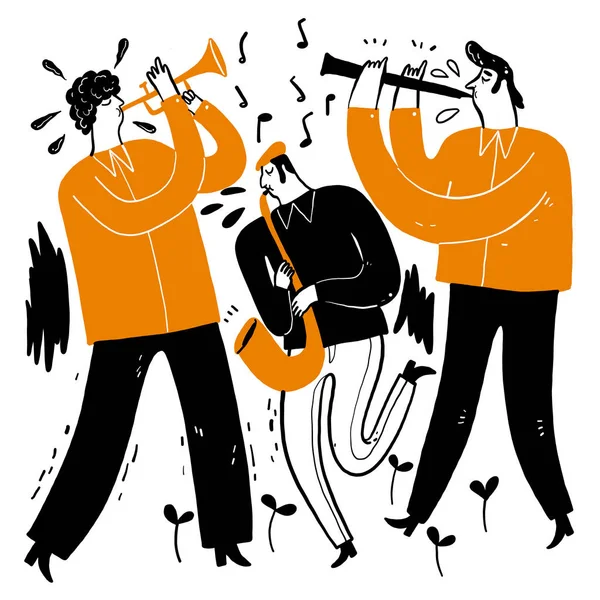 Main dessinant les musiciens jouant de la musique . — Image vectorielle