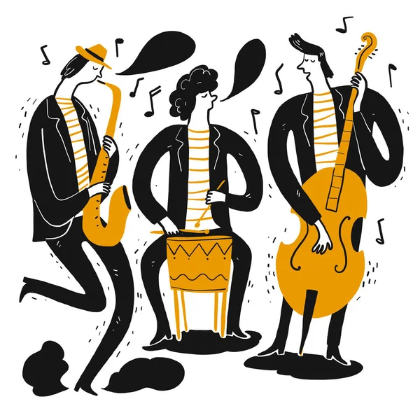 Main dessinant les musiciens jouant de la musique . — Image vectorielle