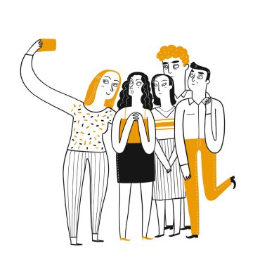 Birlikte eğlenen gülümseyen gençlerin selfie 'si. Vektör İllüstrasyonu, El Çizimi Resim çizim biçimi Beyaz arkaplanda izole