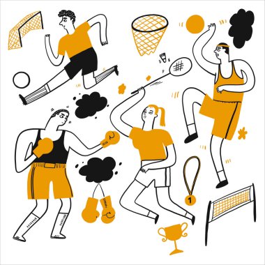 Activities of people who are playing various sports,  Vector Illustration doodle line art style. clipart