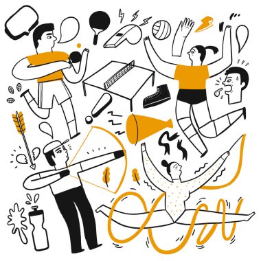 Activities of people who are playing various sports, Hand drawn vector Illustration doodle line art style. clipart
