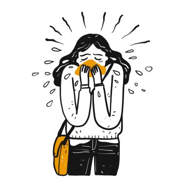 Hasta bir kız hapşırıyor. Bulaşıcı hastalıkların önlenmesi. El çizimi, Vektör İllüstrasyon karalama biçimi.