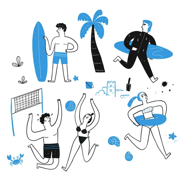 Δραστηριότητα Των Ανθρώπων Στην Παραλία Εικονογράφηση Διάνυσμα Χέρι Σχέδιο Γραμμή — Διανυσματικό Αρχείο