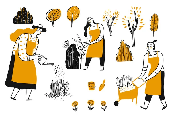 Atividade Pessoas Jardinagem Vector Ilustração Mão Desenhar Linha Arte Doodle —  Vetores de Stock